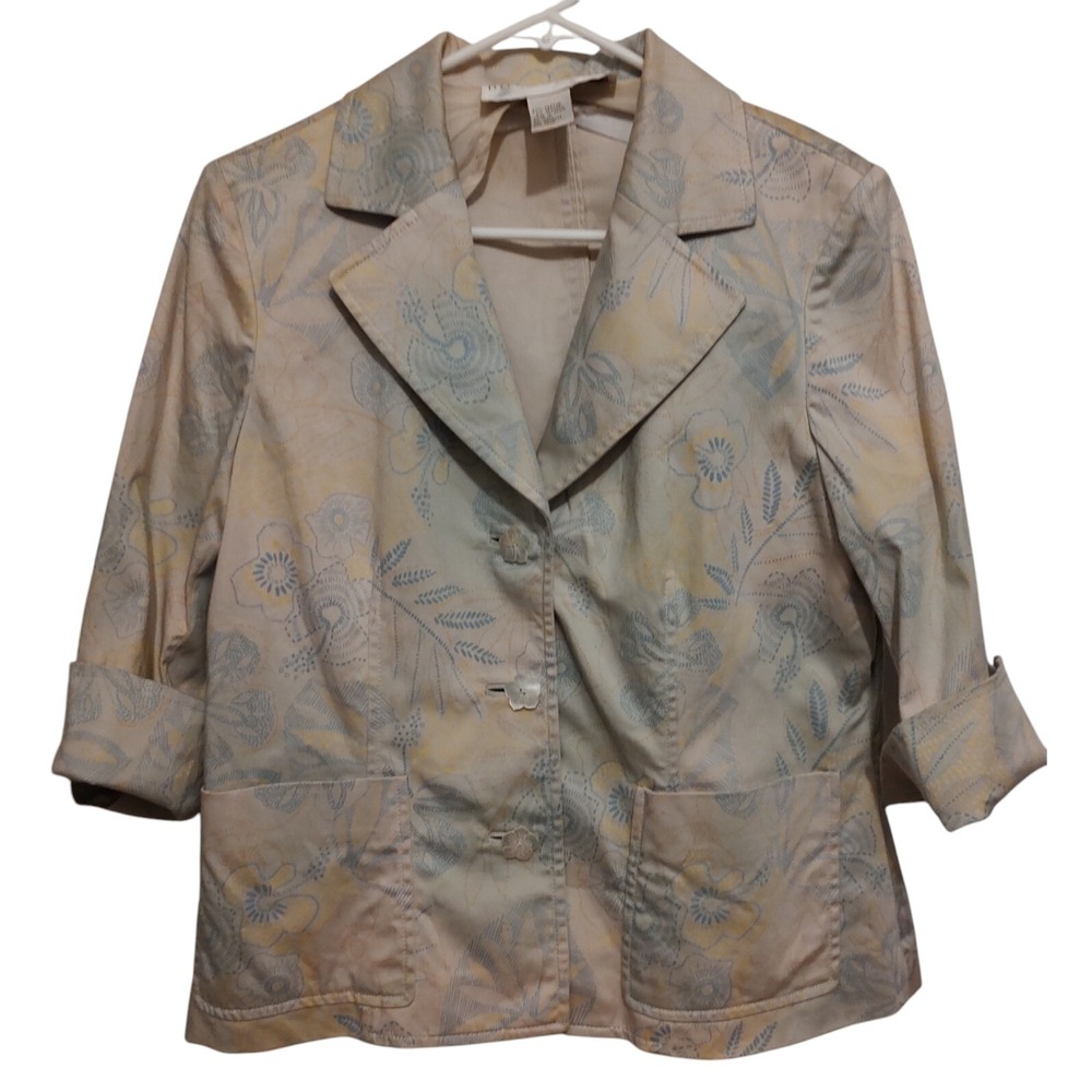 Don Caster Collection Blazer Jacket Womens Size Ten Tan and Blue Floral Cotton